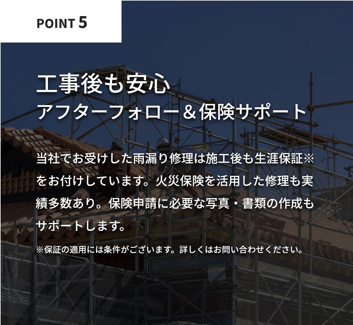 工事後も安心！アフターフォロー＆保険サポート。当社がお受けした雨漏り修理には施工後も生涯保証※をお付けしています。火災保険を活用した修理も実績多数あり。保険申請に必要な書類の作成もサポートします。※保証の適用は条件がございます。詳しくは問い合わせください。