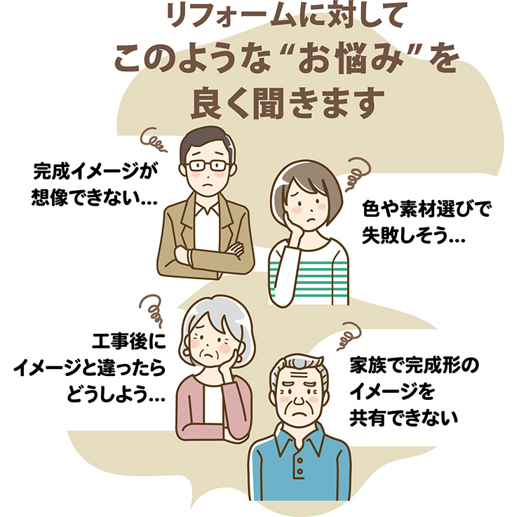 リフォームでよくある悩み。「完成イメージが想像できない」「色や素材選びで失敗しそう…」「工事後にイメージと違ったらどうしよう」「家族で完成形のイメージを共有できない」